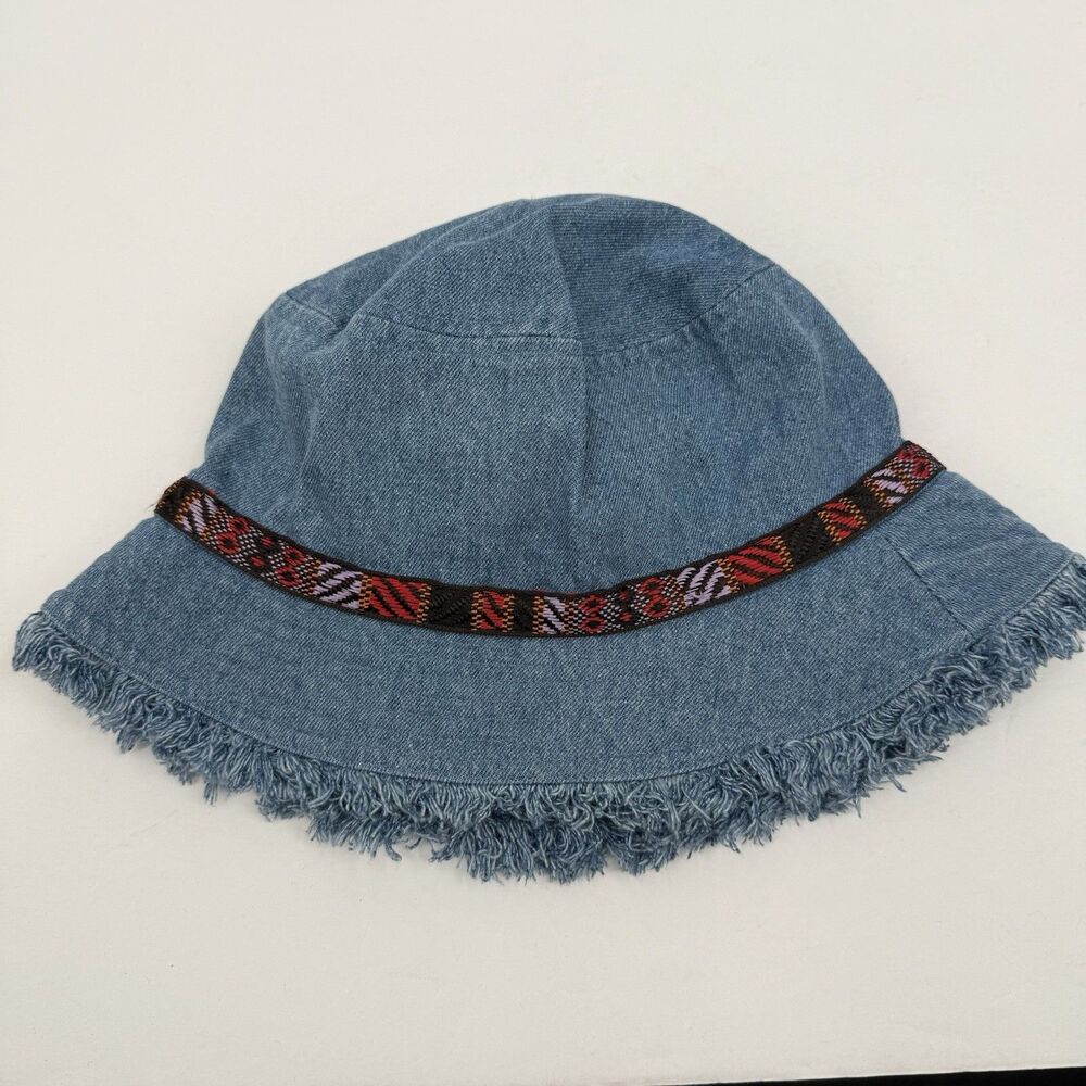 Blue Denim Bucket Hat Raw Hem Boho Hippie Festival Peasant